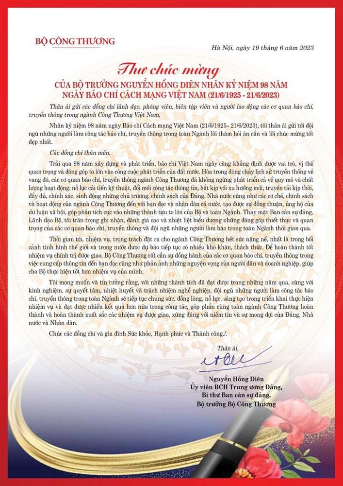 Thư chúc mừng của Bộ trưởng Nguyễn Hồng Diên nhân kỷ niệm 98 năm Ngày Báo chí Cách mạng Việt Nam (21/6/1925- 21/6/2023)